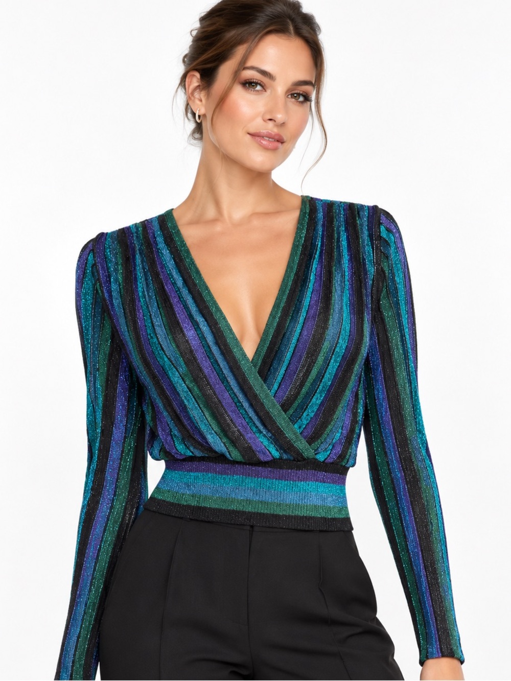 Ronny Kobo Metallic Striped Surplice V Neck Knit Top Size S